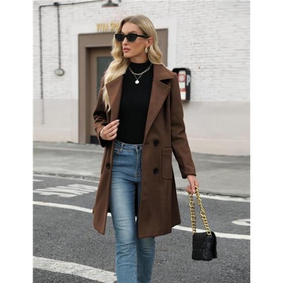 Women Mid-Long Coat Notch Double-Breasted Coffee - Picture 6 of 6